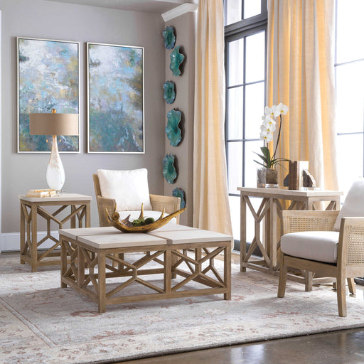 Uttermost Catali Stone End Table with white and light brown finish, featuring a sleek, modern design and smooth stone surface.