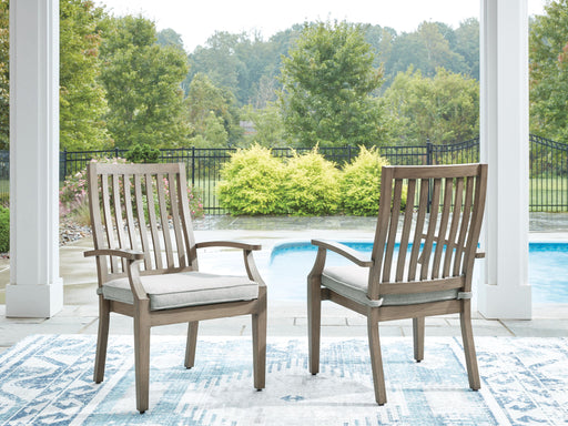 Set of two brown and beige Rainier Ranch arm chairs with cushions by Signature Design in a stylish living room setting.