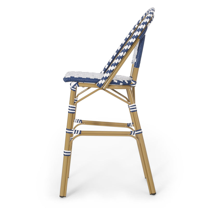 Outdoor Rattan French Barstool Set,, Bamboo, Seat Height - Navy Blue / White - R&R Furniture Gallery (Fountain Valley, CA)