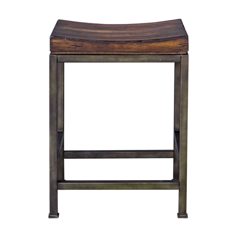 Uttermost Beck industrial counter height bar stool with metal frame and wooden seat, 24-27 inches tall.