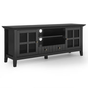 Simpli-Home Acadian TV media stand with open shelving and storage compartments in a rustic wood finish.