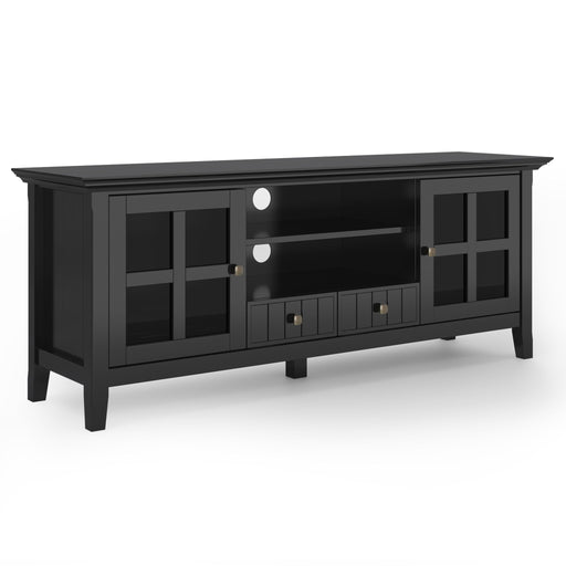Simpli-Home Acadian TV media stand with open shelving and storage compartments in a rustic wood finish.