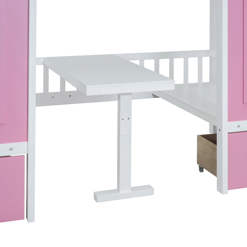 DreamHaus twin over twin bunk bed with changeable table, featuring upper bed and down desk, ideal for space-saving bedroom setup.