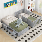 DreamHaus storage daybed with fence guardrails, two drawers, split into a floor bed and daybed, shown with a modern design.