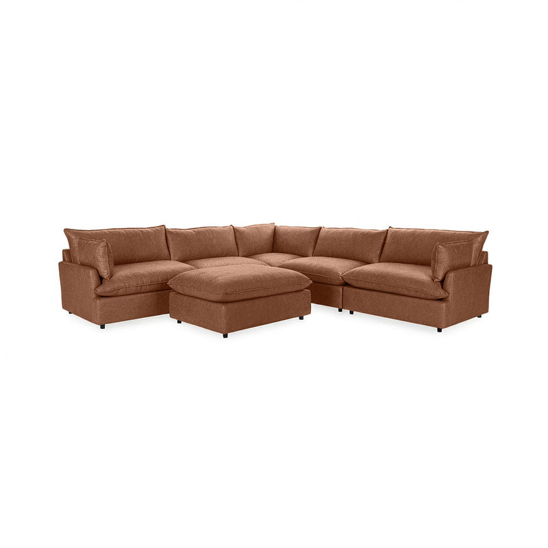 Classic Home Caplan 6-piece modular sectional with ottoman, showing plush fabric upholstery and modern living room setup.