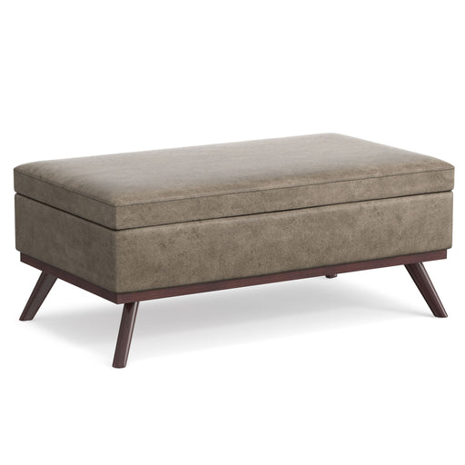 Simpli-Home Owen multifunctional square coffee table storage ottoman with fabric upholstery and hidden storage space.