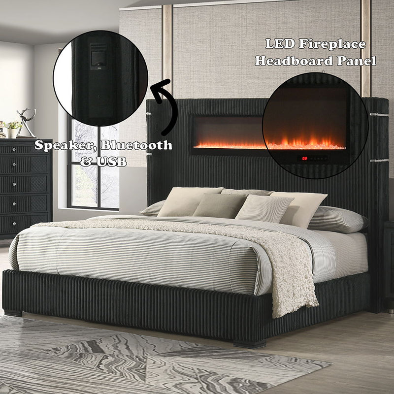 Garner - Bed With Fireplace, LED, Reading Light, Speaker, Bluetooth & USB - R&R Furniture Gallery (Fountain Valley, CA)