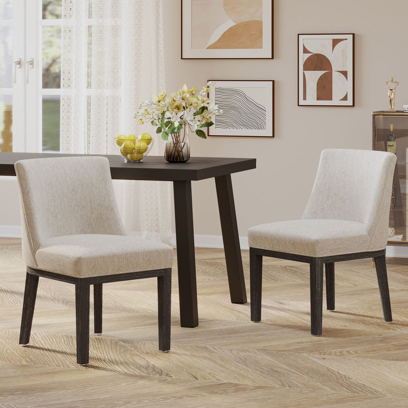 Set of two Noble House modern dining chairs with durable fabric upholstery and sturdy wooden frames, showcasing stylish seating.
