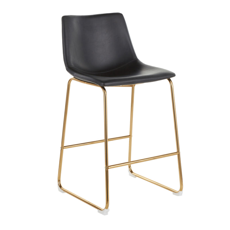 Set of two Lumi Source Duke contemporary counter stools with sleek design and wooden legs, ideal for modern kitchen or bar area.