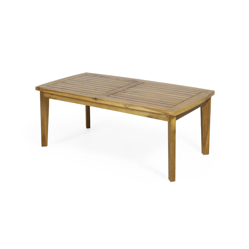 Outdoor rectangular coffee table by Noble House in brown wood finish, showcasing a sleek and sturdy design for outdoor living spaces.