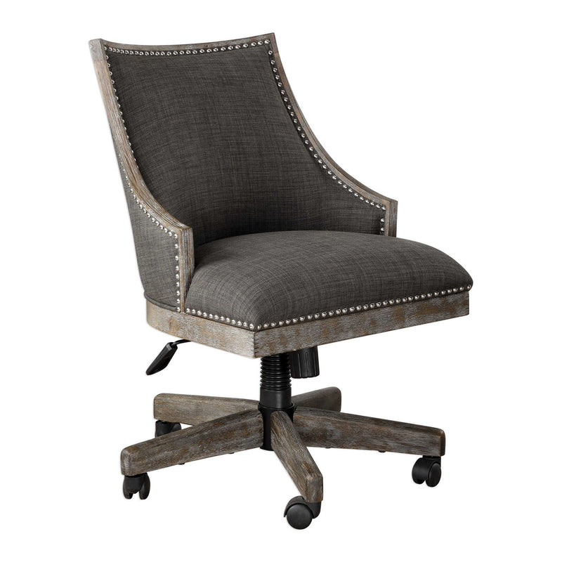 Aidrian desk chair in charcoal fabric by Uttermost, showcasing padded seat, backrest, and sleek modern design for office or home use.