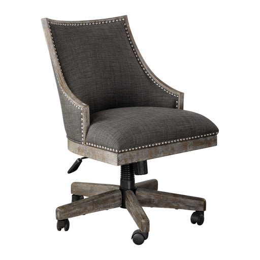 Aidrian desk chair in charcoal fabric by Uttermost, showcasing padded seat, backrest, and sleek modern design for office or home use.