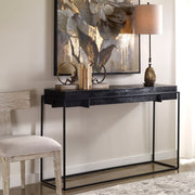 Modern Telone console table by Uttermost featuring a sleek design with a glass top and metal frame.