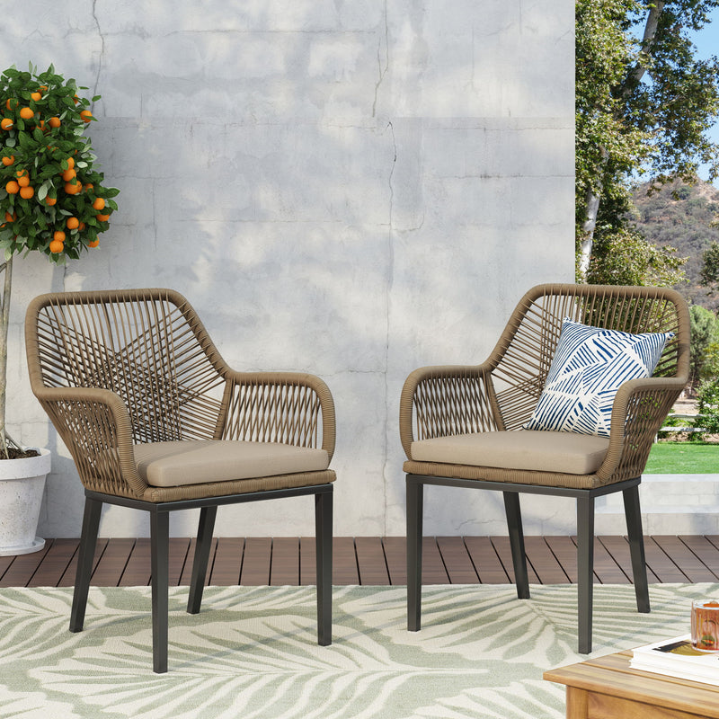 Modern wicker arm chair by Noble House with water-resistant beige cushions and brown wicker frame for stylish outdoor dining.