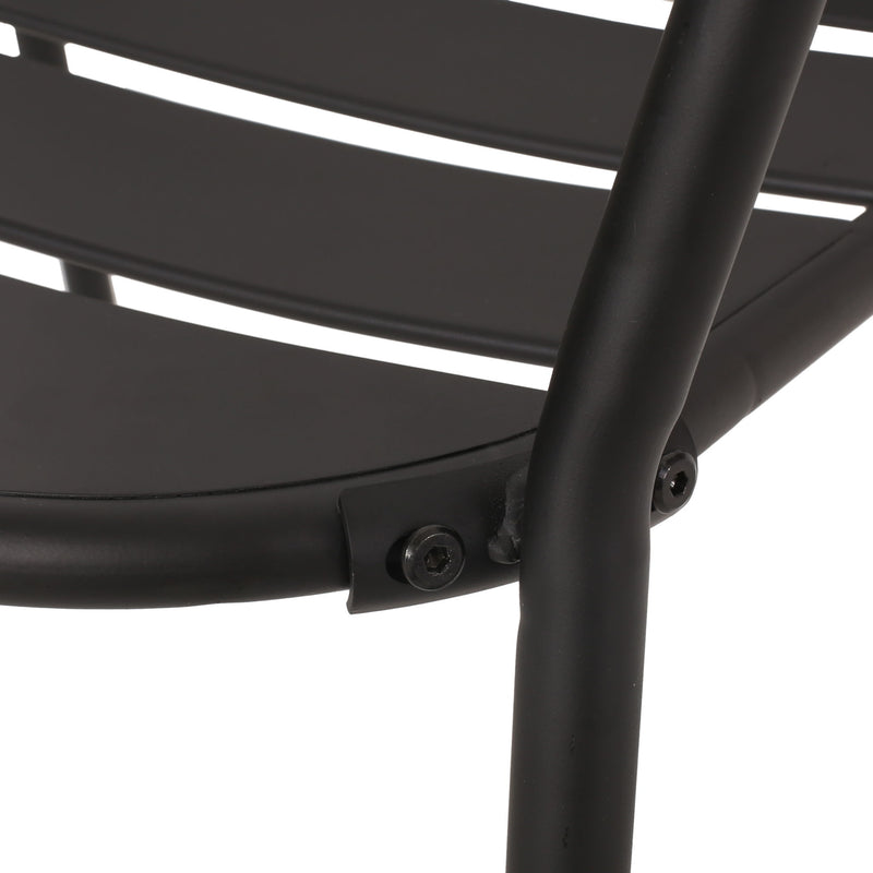 Noble House Terra Nova matte black 3-piece outdoor bistro set with round table and two chairs, perfect for small outdoor spaces.