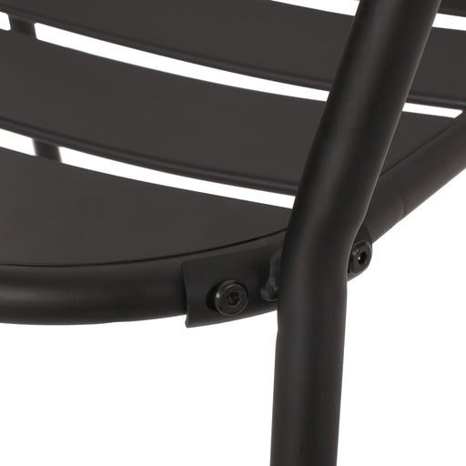 Noble House Terra Nova matte black 3-piece outdoor bistro set with round table and two chairs, perfect for small outdoor spaces.