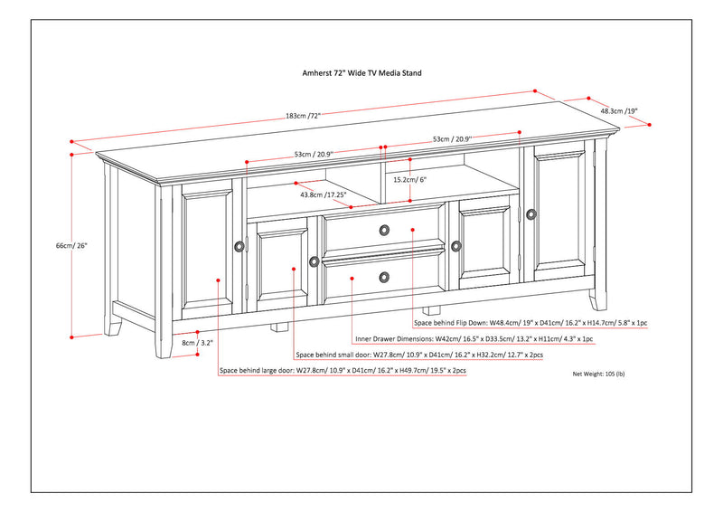 Wide Simpli-Home Amherst TV media stand with open shelves and storage compartments, ideal for modern living room setups.