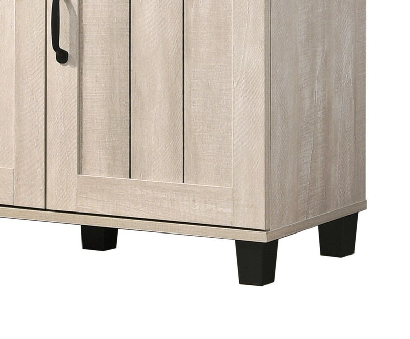 Corby oak finish 3-door shoe cabinet by Lilola Home showing gray wooden doors and sleek design for organized footwear storage.