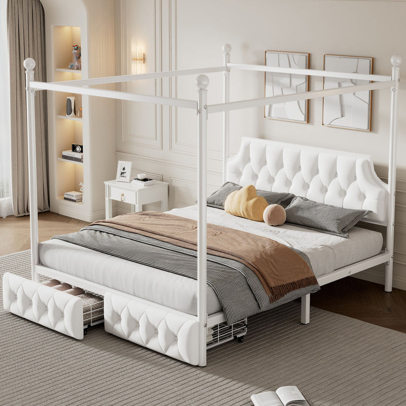 Queen Size Canopy Platform Bed With Upholstered Headboard And 2 Storage Drawers - White - R&R Furniture Gallery (Fountain Valley, CA)