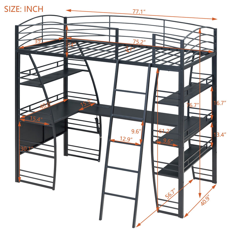 Loft Bed With 4 Layers Of Shelves And L-Shaped Desk, Stylish Metal Frame Bed With A Set Of Sockets, USB Ports And And Wireless Charging - R&R Furniture Gallery (Fountain Valley, CA)