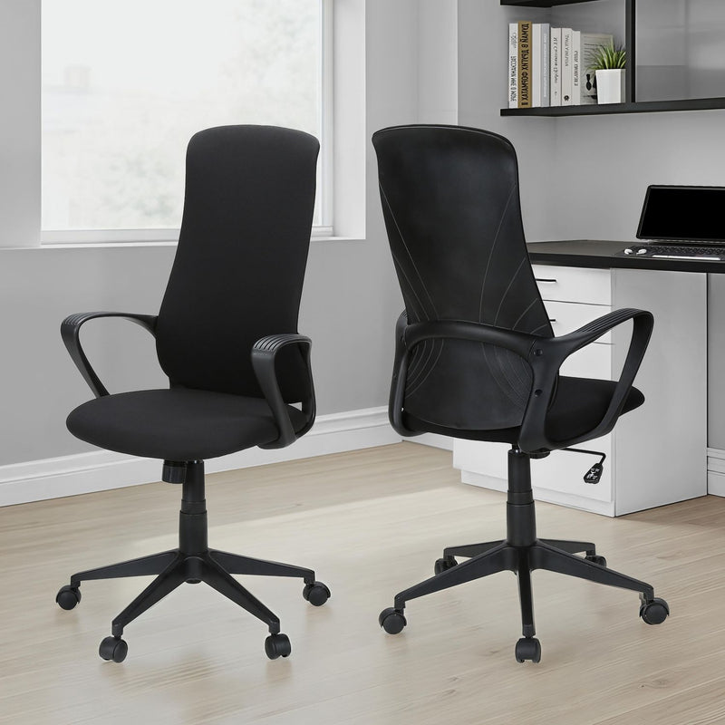 Black 8th Street office swivel chair with adjustable height and armrests, featuring a modern ergonomic design.