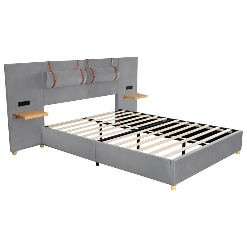 Upholstered Platform Bed, 2 Outlets And USB Charging Ports On Both Sides, 2 Bedside Pillows, Storage Shelves - R&R Furniture Gallery (Fountain Valley, CA)