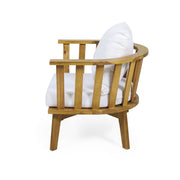 White outdoor Noble House arm chair with a curved backrest and frame, ideal for patio or garden seating.