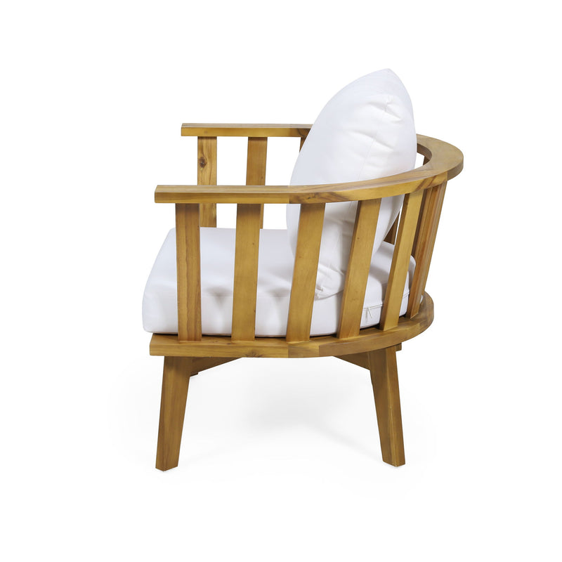 White outdoor Noble House arm chair with a curved backrest and frame, ideal for patio or garden seating.