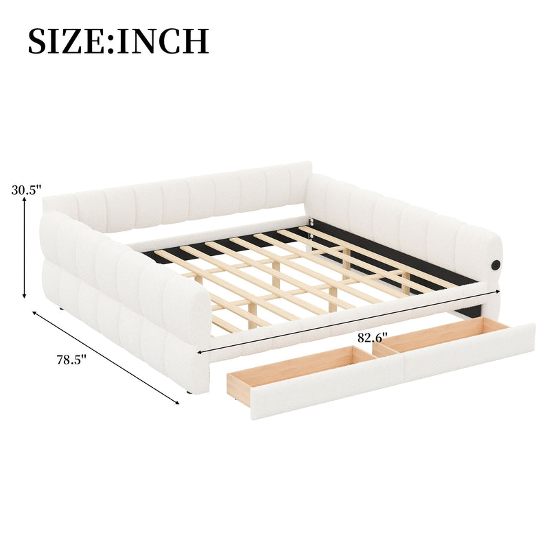 Dreamland upholstered platform bed with USB charging ports and two storage drawers, featuring a padded headboard and modern design.