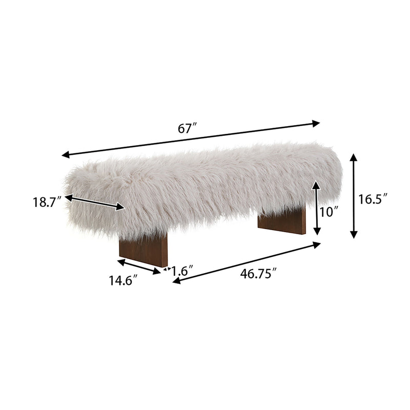 Brown and beige long-haired faux wool upholstered bench by Noble House, featuring a soft, plush fabric and sturdy wooden legs.