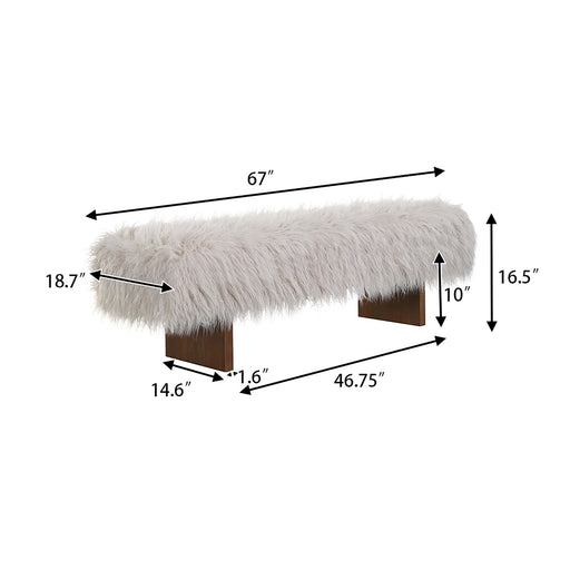 Brown and beige long-haired faux wool upholstered bench by Noble House, featuring a soft, plush fabric and sturdy wooden legs.