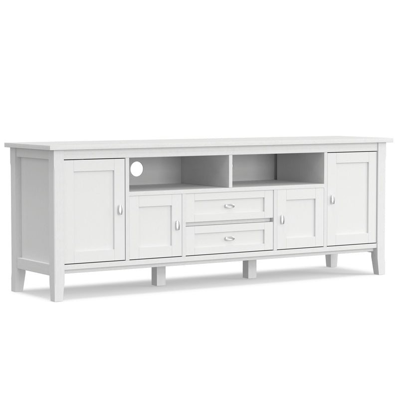 Handcrafted Warm Shaker TV media stand by Simpli-Home featuring wooden shelves and storage compartments for media devices.