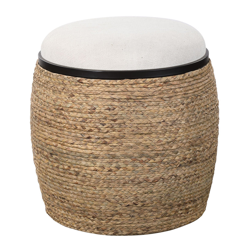 Uttermost Island straw accent stool with white and light brown woven design and wooden legs, stylish and functional for living spaces.