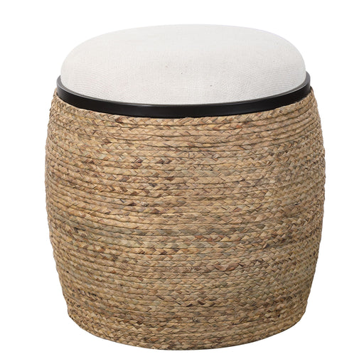 Uttermost Island straw accent stool with white and light brown woven design and wooden legs, stylish and functional for living spaces.