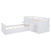 Modern DreamHaus loft platform bed with 7 drawers, full guardrails, and L-shaped space-saving design in a contemporary bedroom setting.