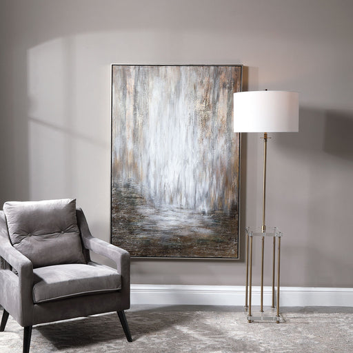 Hand painted abstract canvas art titled Desert Rain with pearl silver accents by Uttermost, showcasing vibrant, textured artwork.