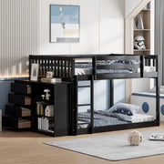 DreamHaus bunk bed with built-in four drawers and three shelves, showcasing sturdy wooden frame and space-saving design.