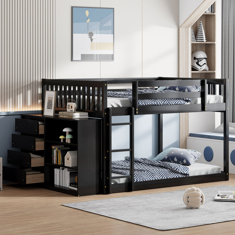 DreamHaus bunk bed with built-in four drawers and three shelves, showcasing sturdy wooden frame and space-saving design.