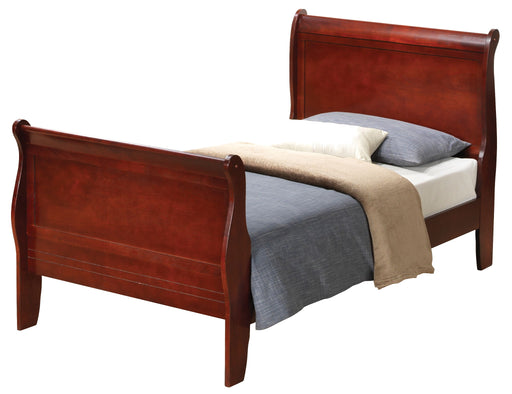 Glory Furniture panel sleigh bed with curved headboard and footboard in dark wood finish, classic bedroom furniture.