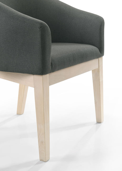 Set of two Lilola Home Neroli barrel accent chairs in gray with rounded backs and wooden legs, modern and stylish for living rooms.