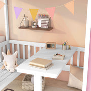 DreamHaus twin over twin bunk bed with convertible table, upper bed, and down desk, featuring a modern design and sturdy frame.