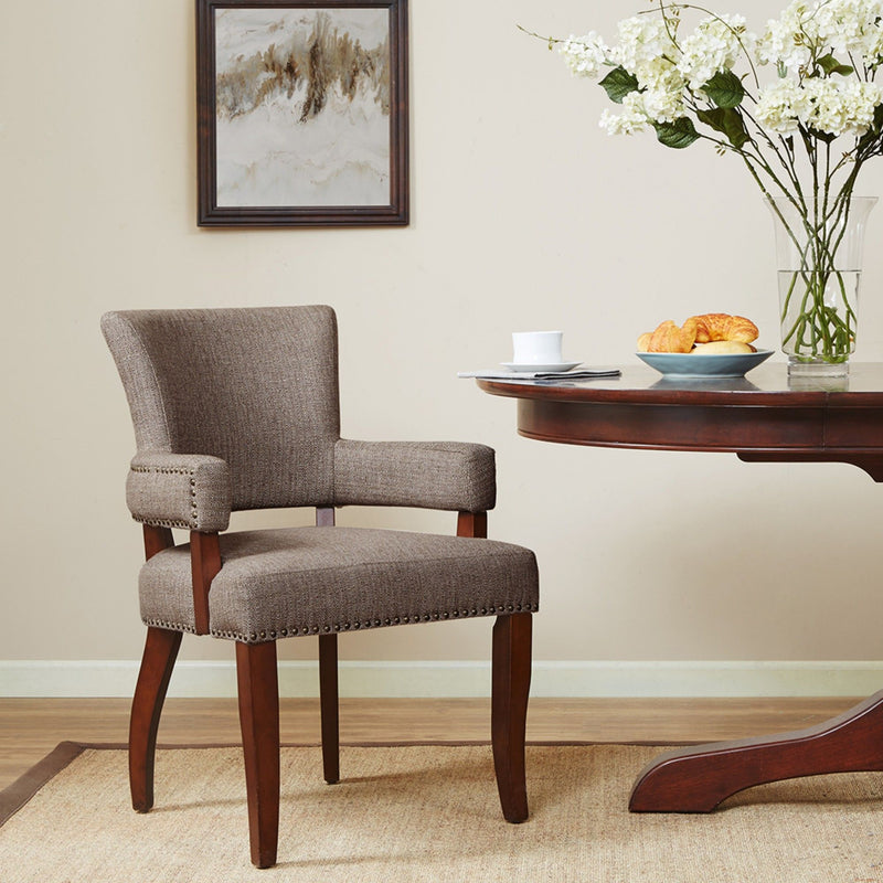 Elegant Arm Dining Chair With Brass Nail Head Detailing - R&R Furniture Gallery (Fountain Valley, CA)