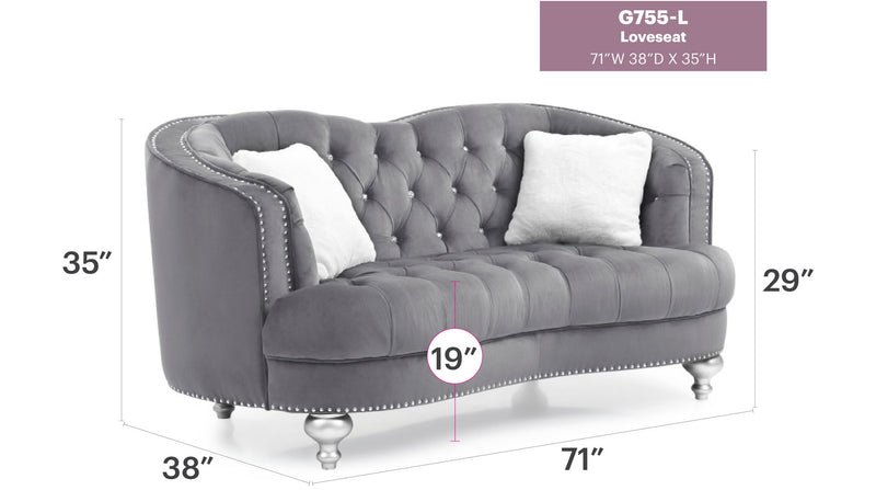 Glory Furniture Jewel stationary loveseat with plush fabric upholstery and elegant design, ideal for living room seating.