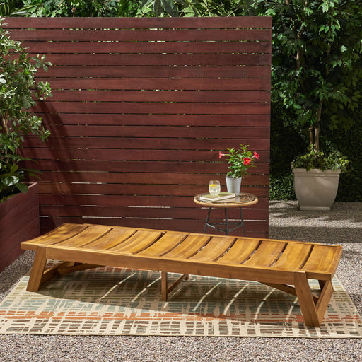Noble House outdoor chaise lounge with adjustable seating and slat panel in yellow brown, ideal for relaxing outside.