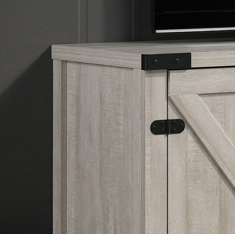 Salma TV stand by Lilola Home, 58-inch wide with open shelves and cabinets, modern wood finish, for living room storage.