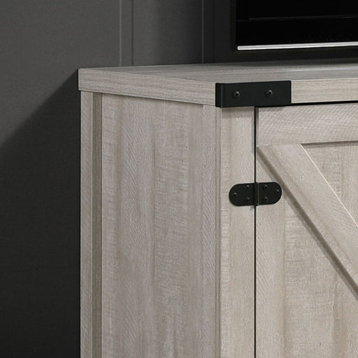 Salma TV stand by Lilola Home, 58-inch wide with open shelves and cabinets, modern wood finish, for living room storage.