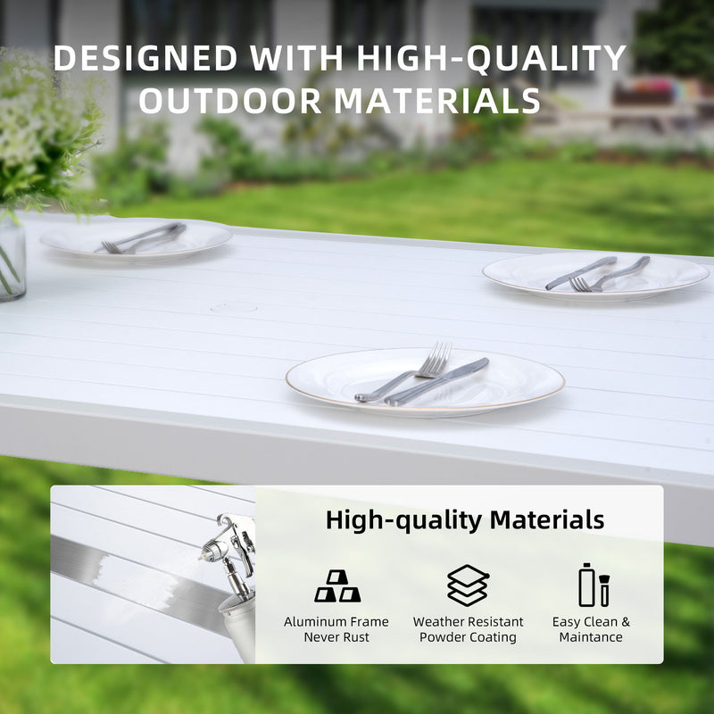 6 Piece Dining Set Outdoor Patio Furniture, 4 Dining Chairs & 1 Dining Bench Sunbrella Fabric And 2 Tone Rectangle Table With Umbrella Hole - Matte White / Grayish - R&R Furniture Gallery (Fountain Valley, CA)