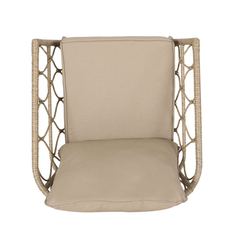Noble House Bruce outdoor club chair set with brown rattan frames and water-resistant cushions, iron construction, stylish patio furniture