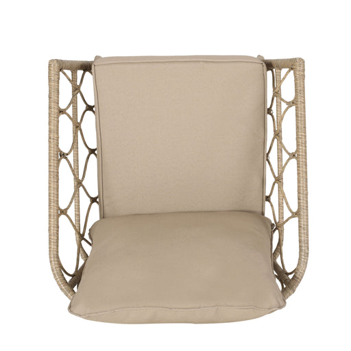 Noble House Bruce outdoor club chair set with brown rattan frames and water-resistant cushions, iron construction, stylish patio furniture