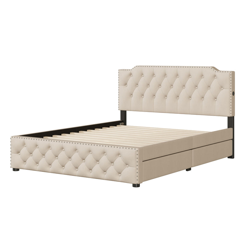 Upholstered Platform Bed With 2 Drawers And 2 Sets Of USB Ports On Each Side, Fabric - R&R Furniture Gallery (Fountain Valley, CA)